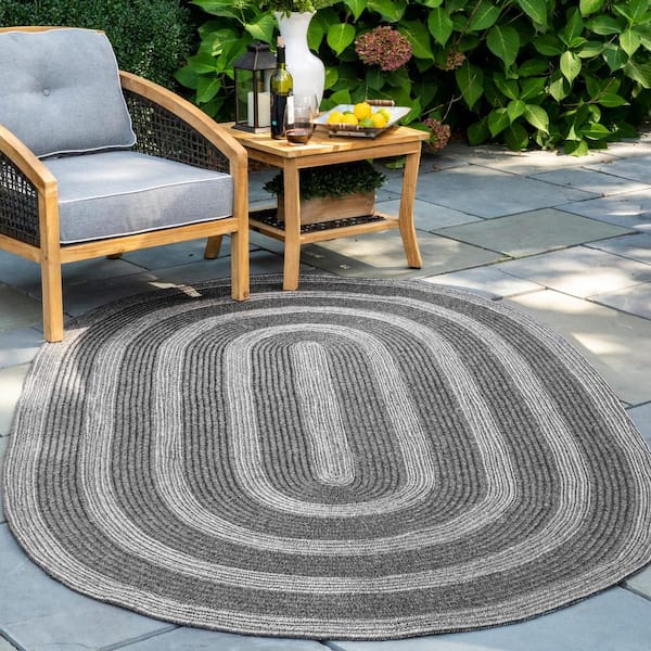 Rowan Braided Texture Charcoal 5 ft. x 8 ft. Oval Indoor/Outdoor Patio Area Rug