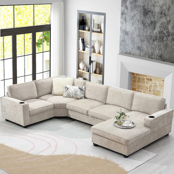 119 in. Oversized Chenille U-Shaped Sectional Sofa in Beige with Chaise Lounge, Cup Holders