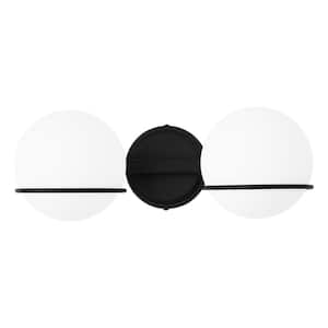 15.7 in. 2-Light Modern Black Bathroom Vanity Light with Milk Globe Glass Shades