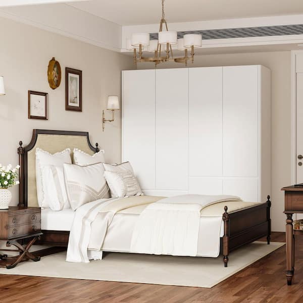 White Finished Wood 63 in. Width Bedroom Armoire, Wardrobe with 2 Drawers, 5 Shelves, 1 Hanging Bar & 6 Doors