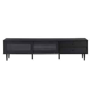 70.86 in. W x 15.70 in. D x 17.70 in. H Black Linen Cabinet TV Stand with Sliding Fluted Glass Doors Slanted Drawers