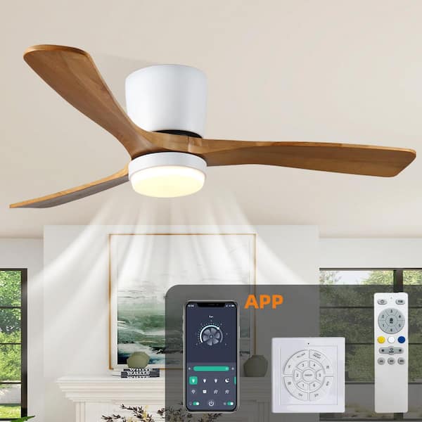 42 in. Indoor Modern Flush Mount Ceiling Fans with Lights, 6 Speed and Remote Control, Low Profile Wood in White