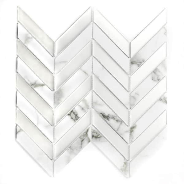 Art Deco Carrara White 10 in. x 12 in. Herringbone Marble Look Glass Mosaic Wall Tile (8.6 sq. ft./Case)