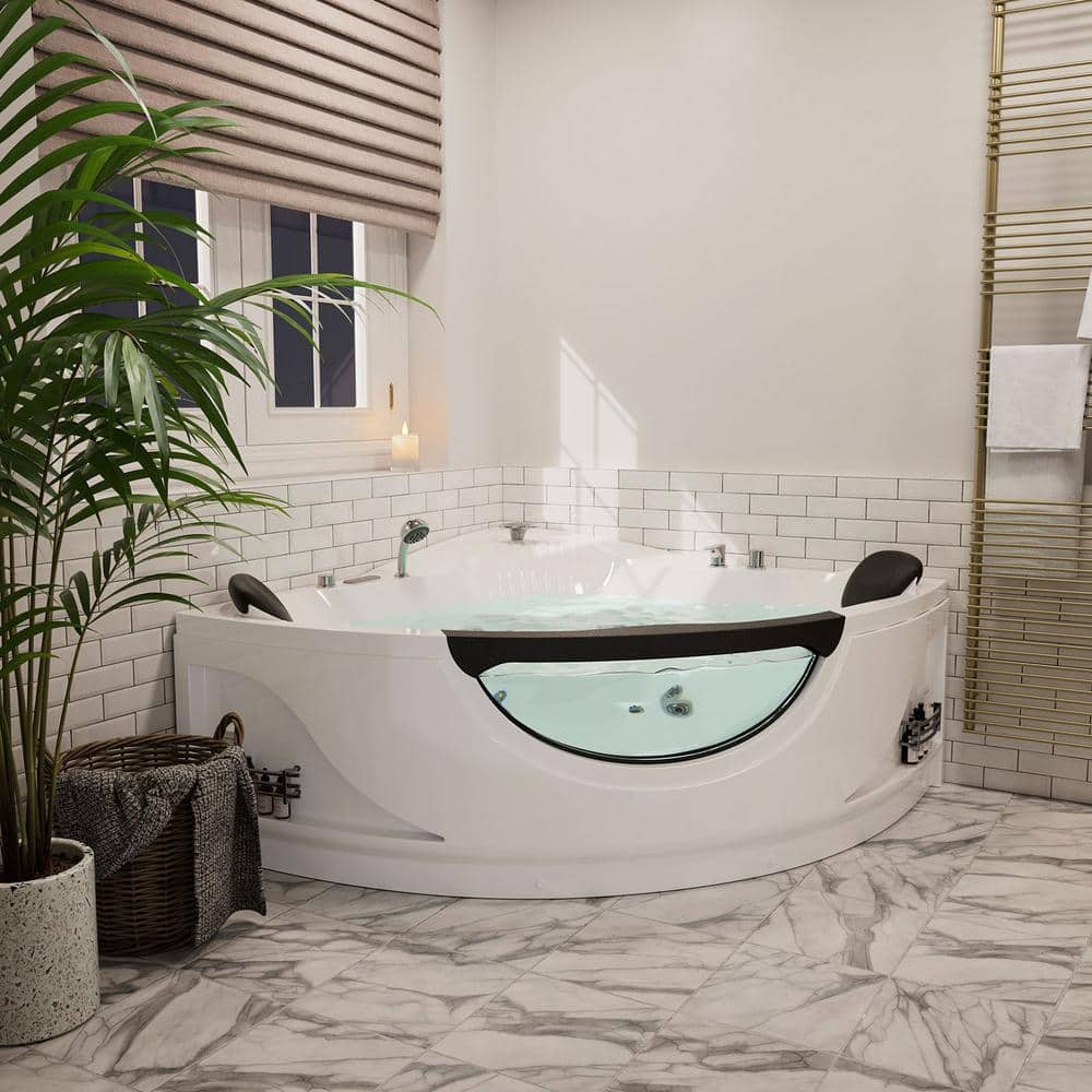 Modern White Acrylic Corner Whirlpool Bathtub with Faucet