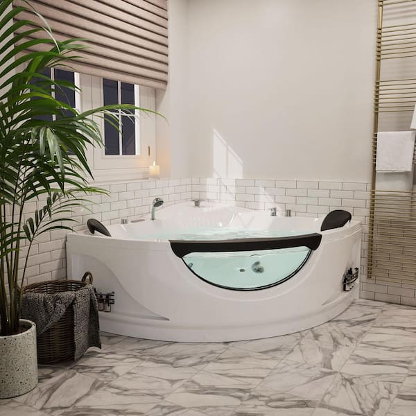 59 in. Left Drain Corner Alcove Whirlpool Bathtub in White