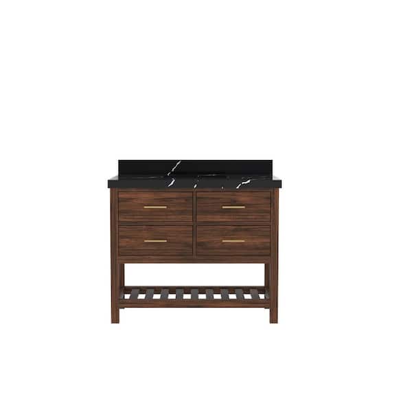 Willow Collections Parket Teak 42 in. W x 22 in. D x 36 in. H Single Sink Bath Vanity in Dark Walnut with Calacatta Black Quartz Top