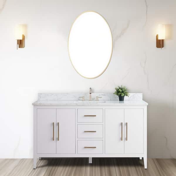 Vanity Art 60 in. W x 22 in. D x 34 in. H Single Sink Bathroom Vanity Cabinet in White with Engineered Marble Top in White