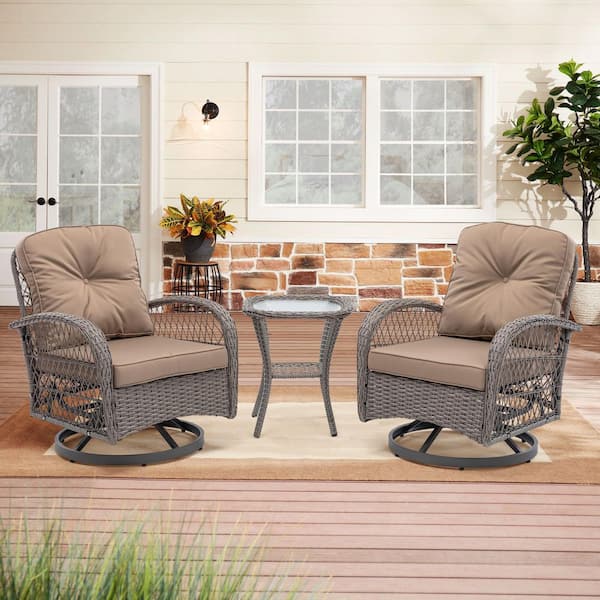 Unbranded 3-Piece Wicker Outdoor Patio Conversation Set, 360° Swivel Rocker Chairs with Khaki Cushions and Glass Coffee Table