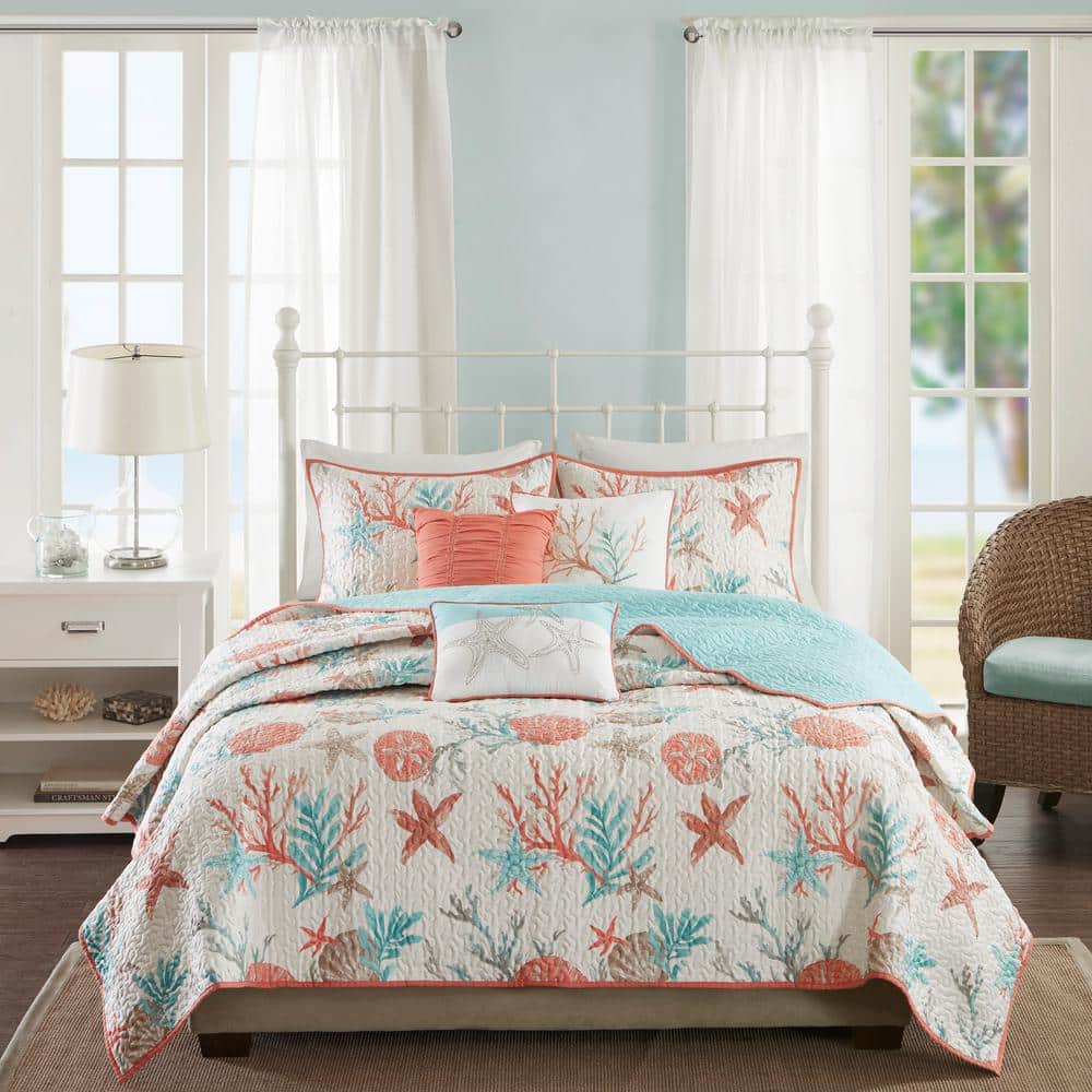 Ivory Cotton Reversible Full Quilt Set with Throw Pillows