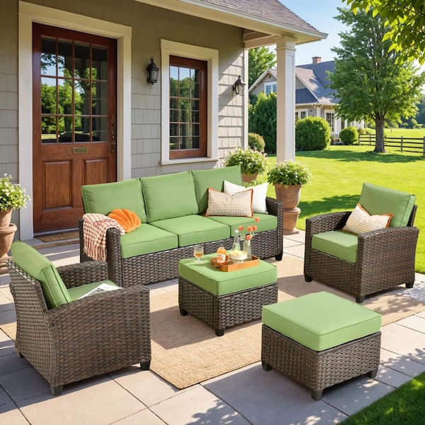 OVIOS Pirani Brown 5-Piece Wicker Outdoor Patio Conversation Seating Set with Green Cushions