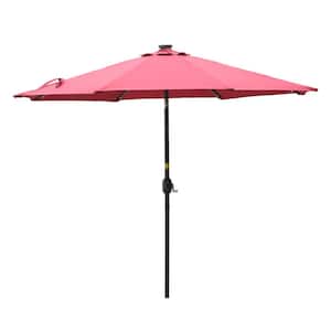 9 ft. Outdoor Beach Umbrella LED Solar Patio Umbrella with Tilt and Crank Without Base in Red