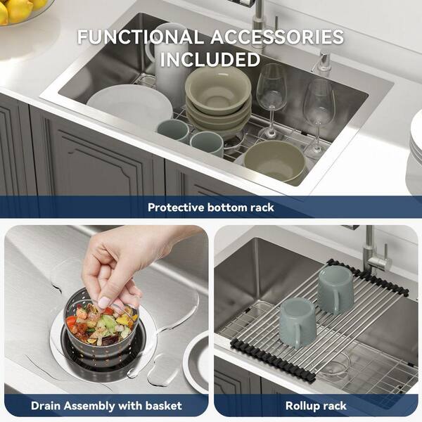 Logmey 33 in. Drop-In Single Bowl 16 Gauge Stainless Steel Kitchen