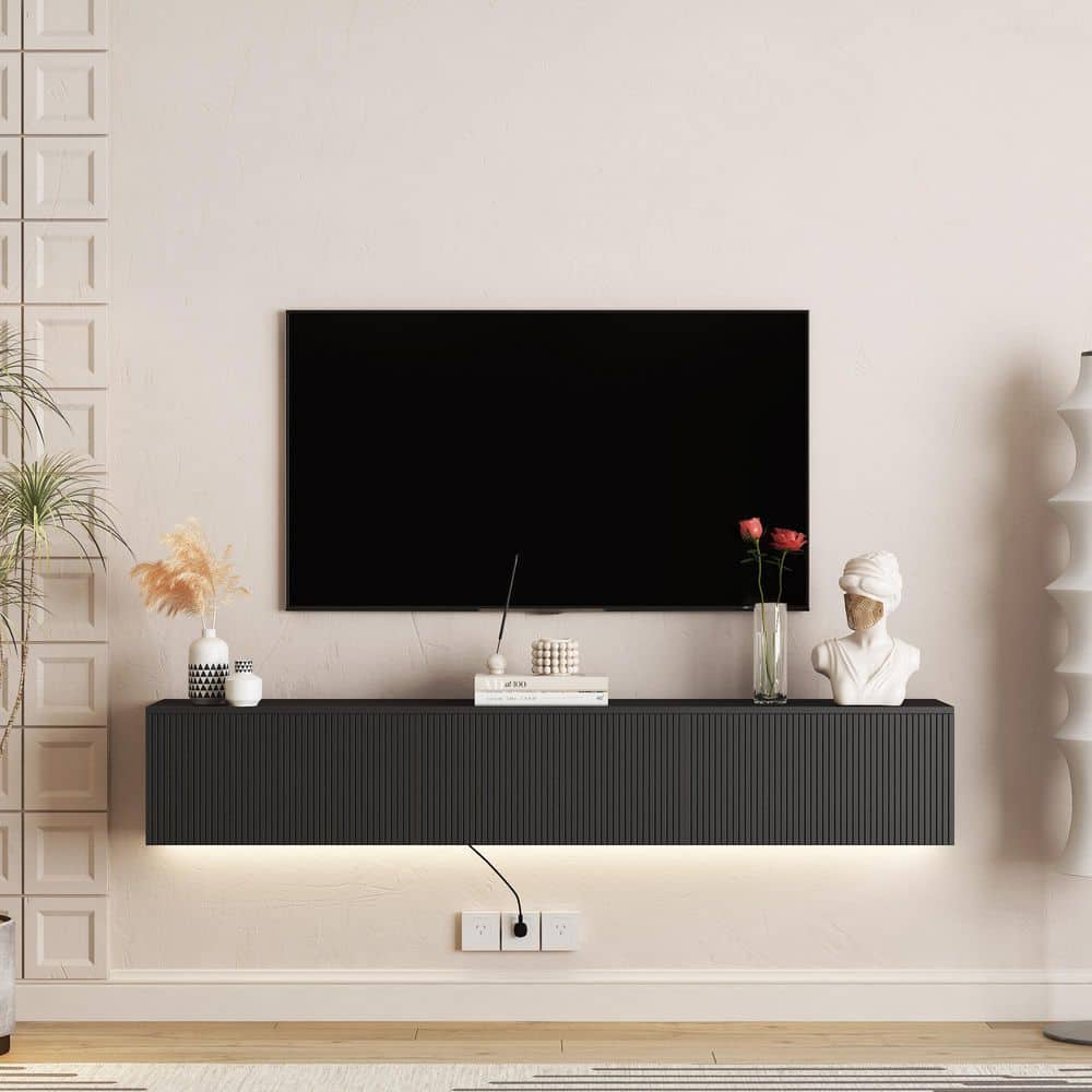 GOGEXX 69 in. W x 11.8 in. D Black MDF Wood Floating TV Stand