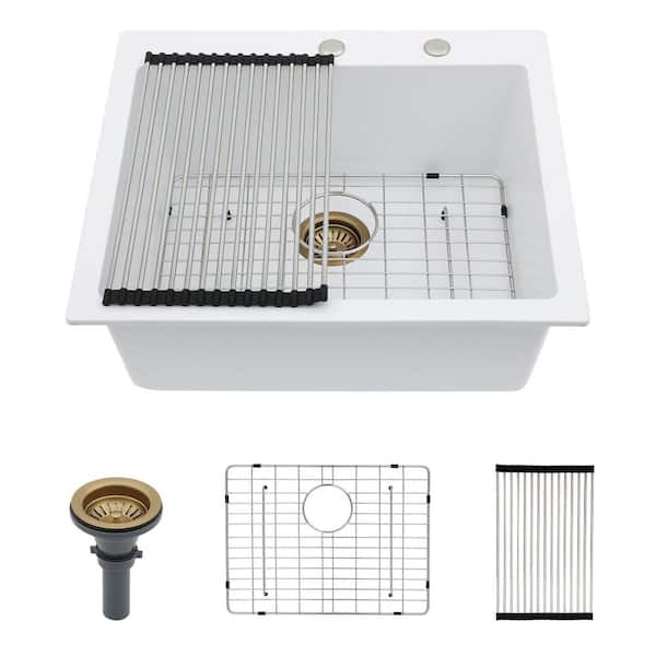 25 in. Drop-in Single Bowl 16 Gauge White Quartz Kitchen Sink with Bottom Grid and Strainer