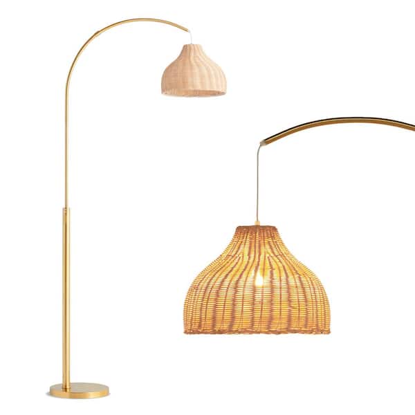 Brightech Lark 75 in. Antique Brass Mid-Century Modern 1-Light LED Energy Efficient Floor Lamp with Beige Bamboo Empire Shade