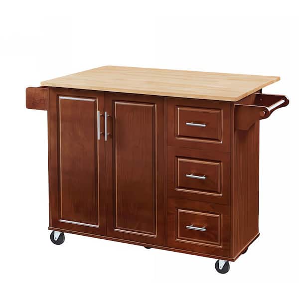 Cesicia Brown Wood 53.8 in. Kitchen Island on 5 Wheels with Drop Leaf and Towel Rack