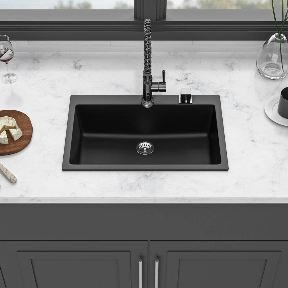 33 in. Black Quartz Composite Single Bowl Drop-in Kitchen Sink with Accessories