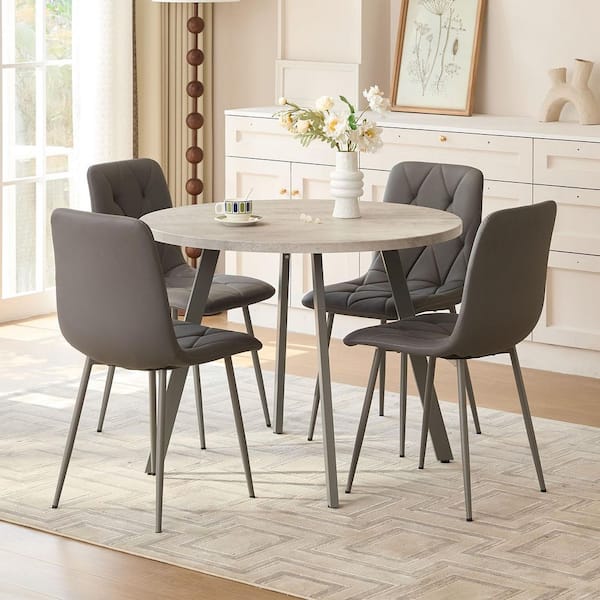 5-Piece Round Gray Faux Marble Wood Top Dining Table Set Seats 4 with Foldable Table and Ergonomic, Wider, Deeper Chair