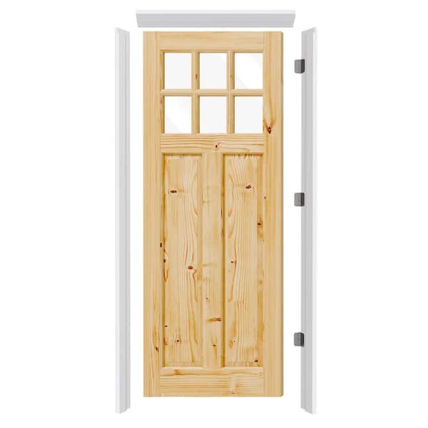 32 in. x 80 in. 6-Lite Clear Glass Pine Wood Exterior Door with Door Header, Side Legs, and Right-Handed Hinge Kit