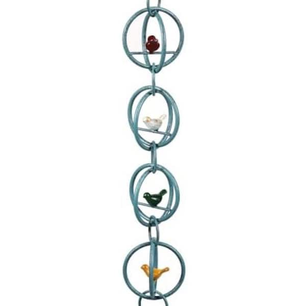 Colorful Birds in Cage Rain Chain Antique Blue Metal Decorative Downspout Chain for Heavy Rain 8.5 ft.