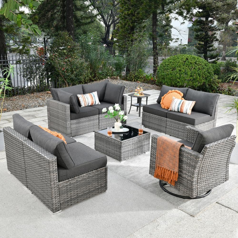 HOOOWOOO Messi Gray 9-Piece Wicker Outdoor Patio Conversation Sectional ...