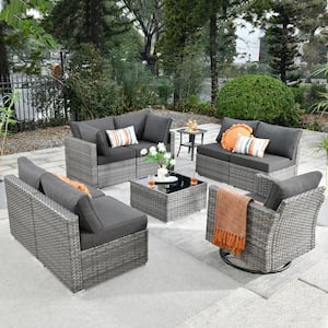 Messi Gray 9-Piece Wicker Outdoor Patio Conversation Sectional Sofa Set with a Swivel Chair and Black Cushions