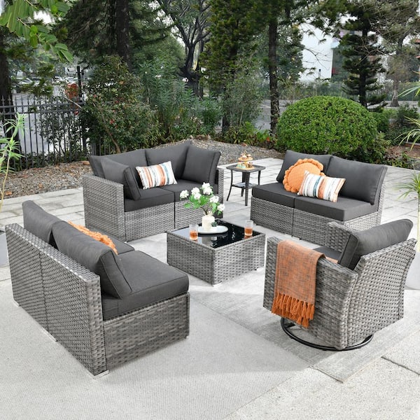HOOOWOOO Messi Gray 9-Piece Wicker Outdoor Patio Conversation Sectional Sofa Set with a Swivel Chair and Black Cushions