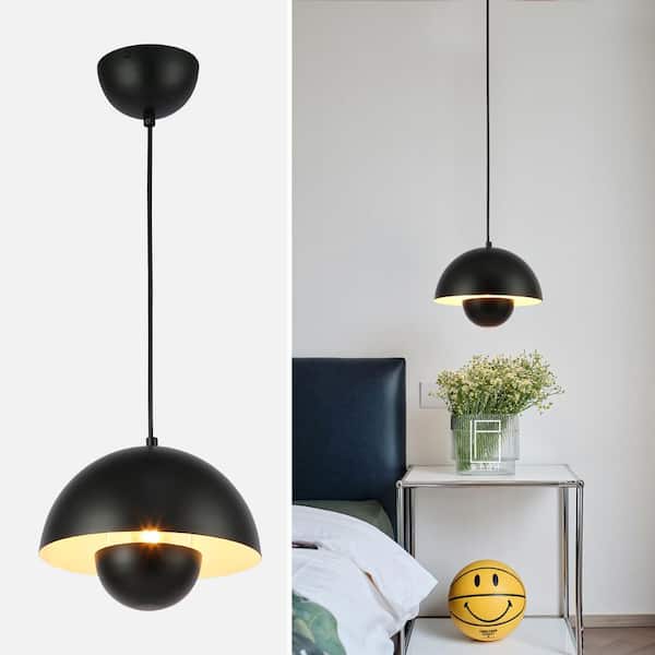 9 in. 1-Light Dome Pendant Light for Kitchen Island with Black Metal Shade, Industrial Adjustable Height Chandelier