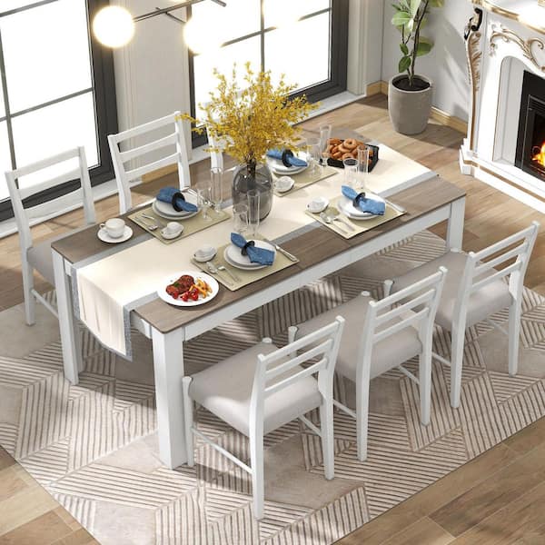 Harper & Bright Designs 7-Piece Rectangle Brown and White Wood Top Extendable Dining Set with 12 in. Leaf, 2-Drawers and 6-Upholstered Chairs