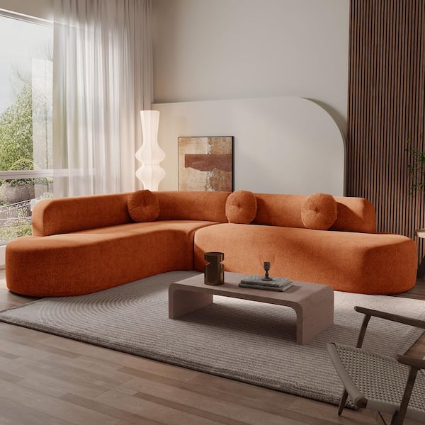 122 in. Extra Large Round Arm Chenille L-shaped Sectional Sofa in Orange with 3 Round Cushions, No Assembly Required