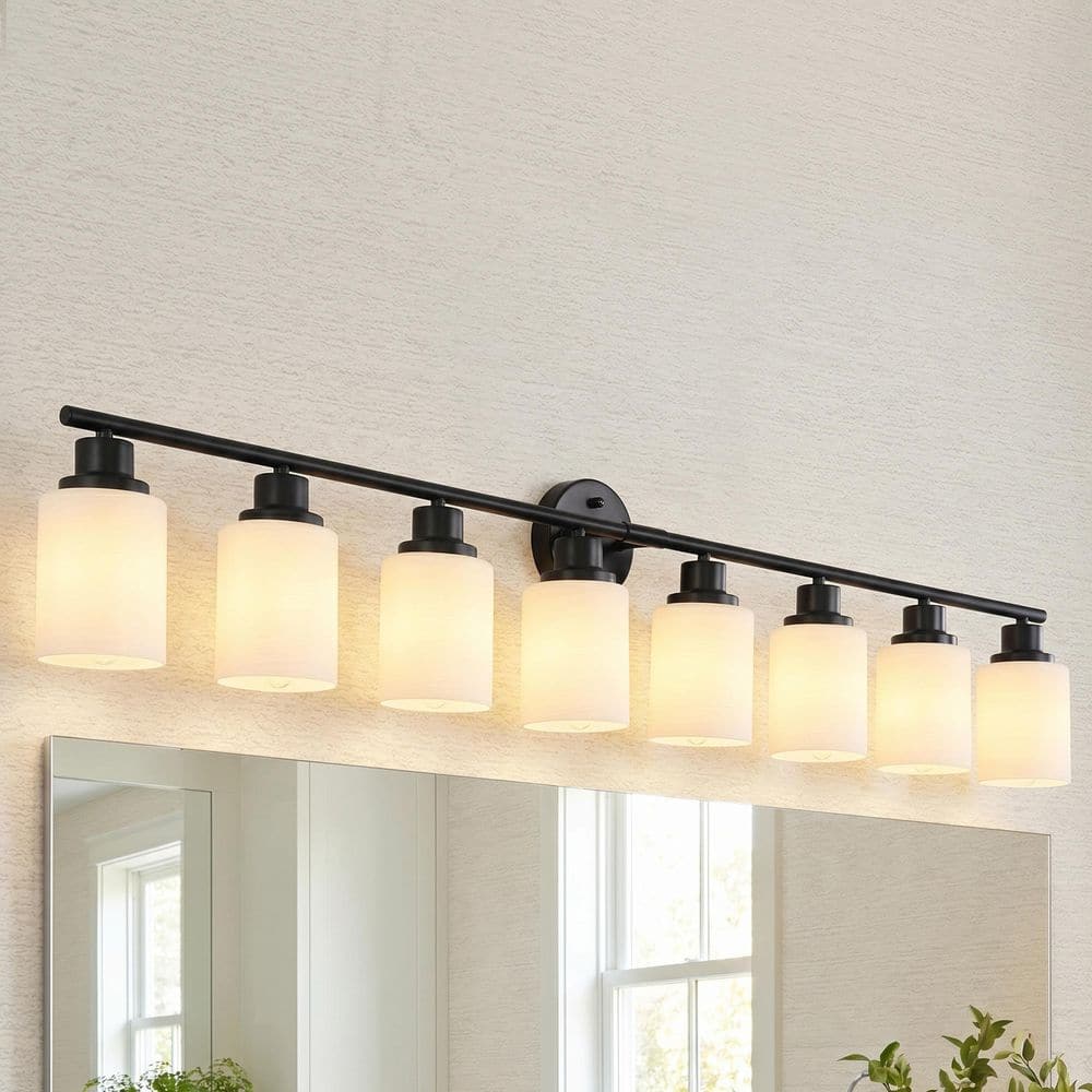FEKZO 52 in. 8-Light Black Vanity Light with Frosted Glass Shade