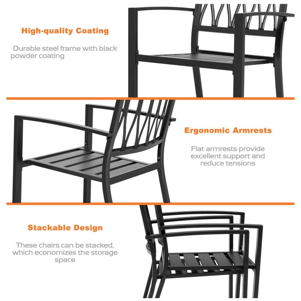 Black Iron Stackable Outdoor Patio Chairs with Lattice Design (2-Pack)