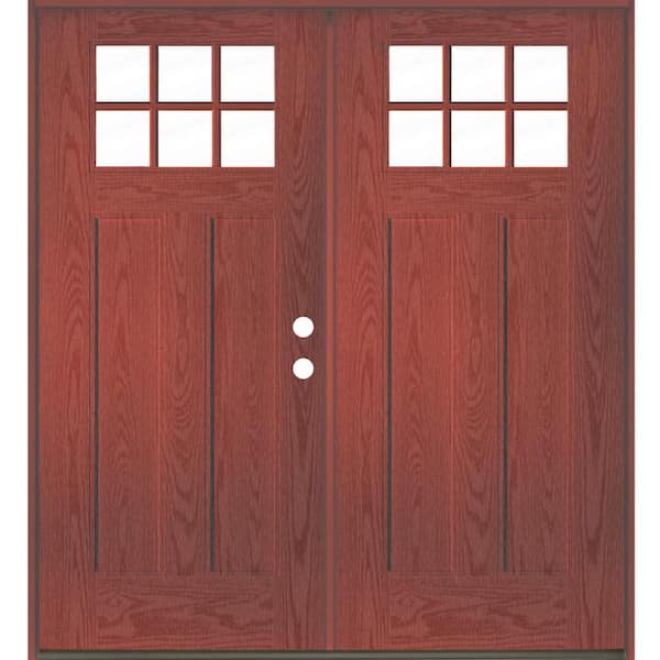 Krosswood Doors Craftsman 72 in. x 80 in. 6-Lite Left-Active/Inswing Clear Glass Redwood Stain Double Fiberglass Prehung Front Door