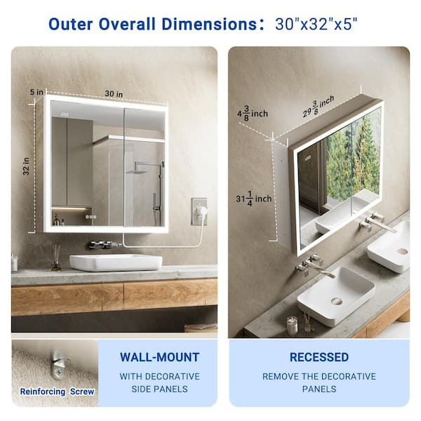 Elega 30 in. W x 32 in. H Rectangular Aluminum Recessed/Wall Mount Dimmable Fogless Lighted Medicine Cabinet with Mirror