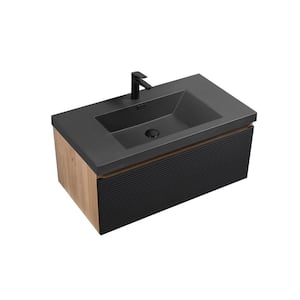 36 in. W x 20 in. D x 16 in. H Single Sink Wall-Mounted Bath Vanity in Mature Oak with Black Resin Top