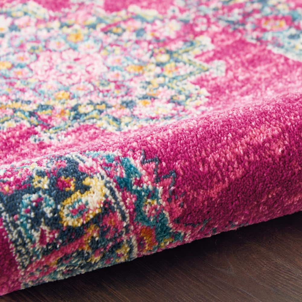 Small Fuchsia and Blue Floral Synthetic Traditional Rug
