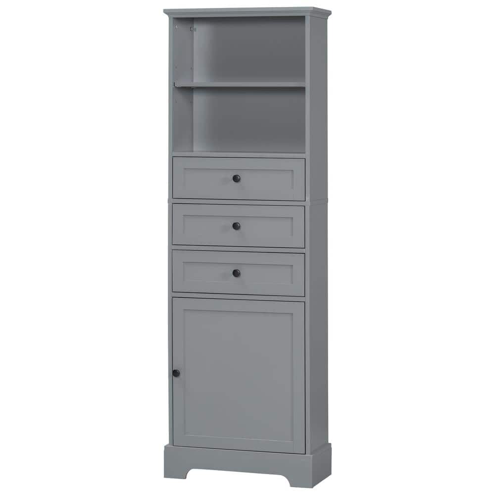22 in. W x 10 in. D x 68 in. H Gray Wood Freestanding Linen Cabinet with 3 Drawers and Adjustable Shelves