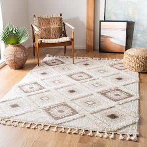 Moroccan Tassel Shag Ivory/Brown 7 ft. x 7 ft. Square Geometric Area Rug