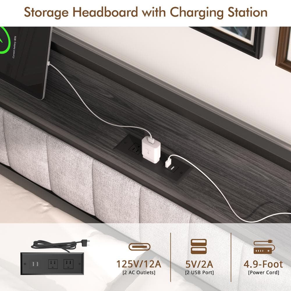 Queen Bed Frame, Black Metal Frame Platform Bed Upholstered Headboard with Storage Charging Station, Sturdy Metal Slats - thumbnail 8