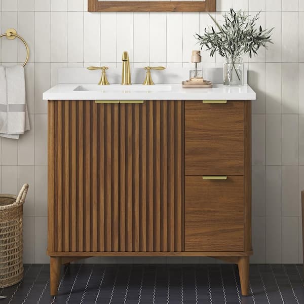 Gabi 36 in. Single Sink Warm Walnut Bath Vanity with White Engineered Stone Top (Assembled)