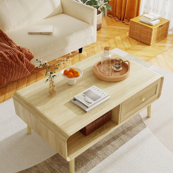FUFU&GAGA 39.4 in. W Burly Wood Grain Yellow Rectangle Wooden End/Side Table, Coffee Table with Drawer and Open Shelf