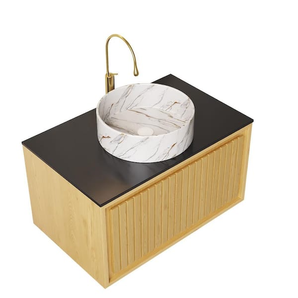 Baye 29 in. Floating Oak Bath Vanity with White Ceramic Round Sink and Sintered Stone Top