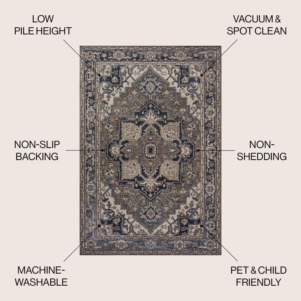 Cirali Green Navy Cream Washable Medallion Area Rug 4' x 6'