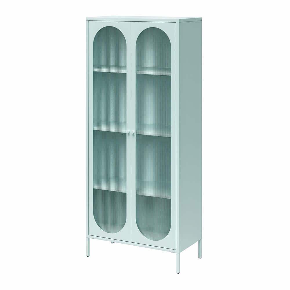 Sky Blue Tall Metal Accent Cabinet with Fluted Glass Doors