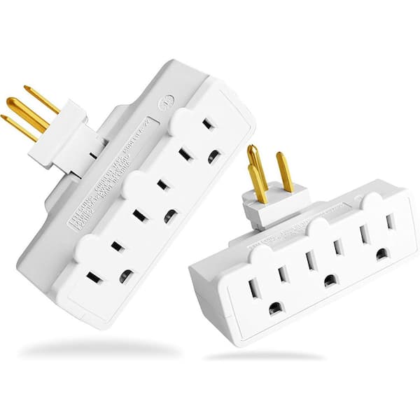 phyfalip 3-Outlet Power 180-Degree Wall Adapter Grounded-3-Prong Outlet Tap in White (2 Pack)
