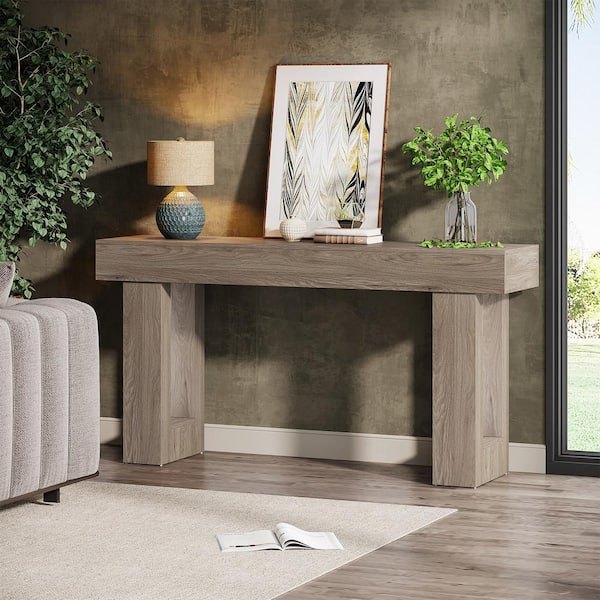 BYBLIGHT Turrella 63 in. W Gray Wood Console Table, Rectangle Farmhouse Sofa Table with Double Pedestal for Living Room