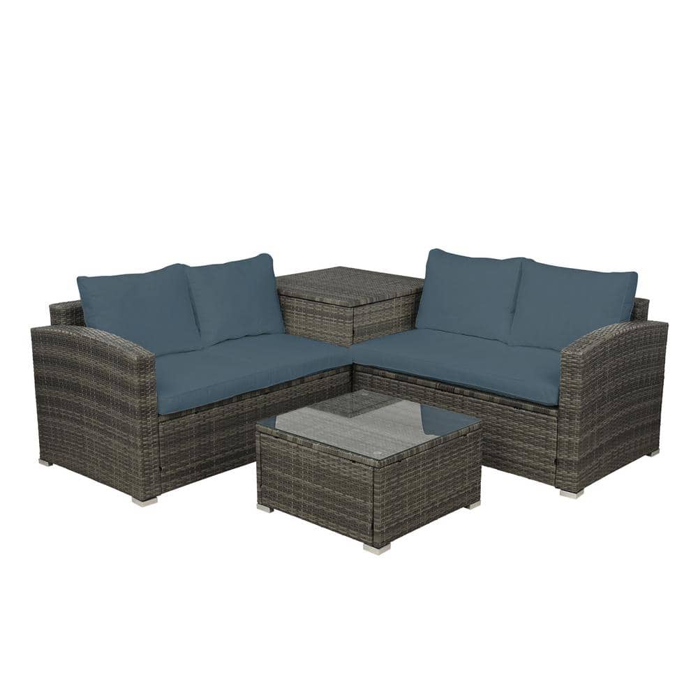 Venus Gray 4-Piece Wicker Outdoor Sectional Sofa Patio Furniture Set with D