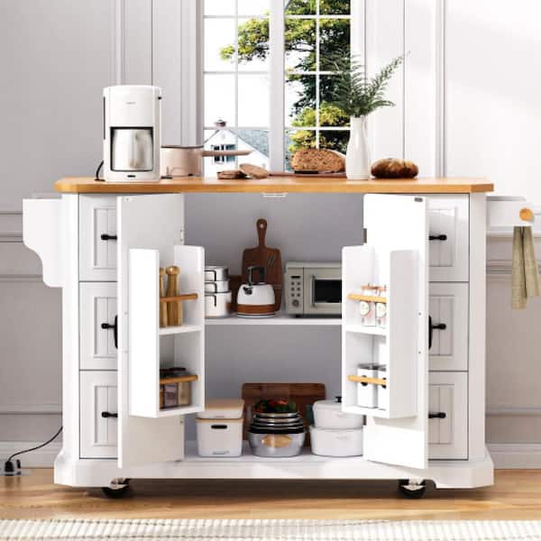Unbranded White Rubber Wood 56 in. W Kitchen Island on 4-Wheels with 6-Deep Drawers, Power Outlet
