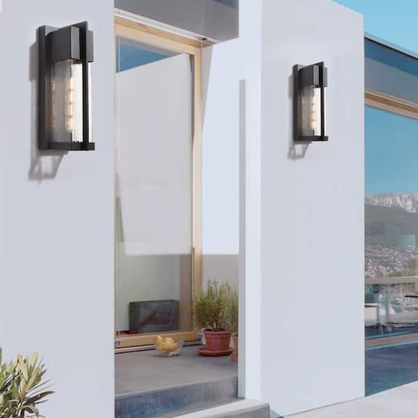 Montpelier Black/Sand Black 13 in. H Hardwired Water Glass Outdoor Wall Lantern Sconce with Dusk to Dawn (Set of 2)