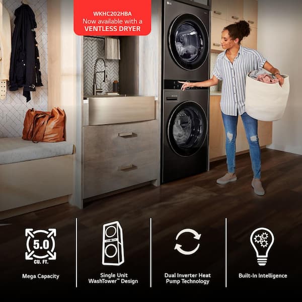 LG WashTower Stacked Black Home Dryer Front 4.5 Load Cu.Ft. Center Laundry SMART 7.4 Heat Steel Ventless & - Pump WKHC202HBA in Cu.Ft. Depot Washer The
